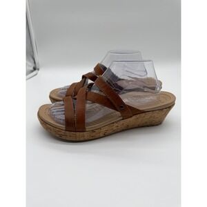 Crocs Leigh Wedge Sandals Brown Leather Strappy Cork Platform Womens 10